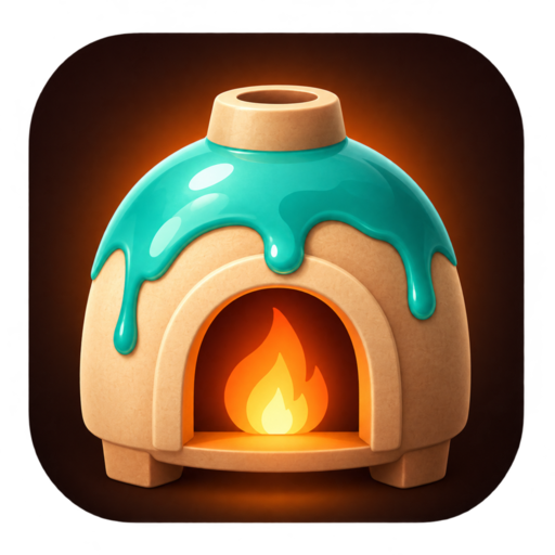 The Kiln icon: a clay kiln with teal glaze running down its dome and a flame in its door.