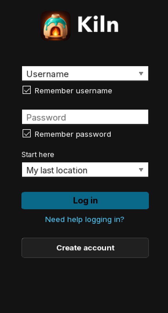 The Kiln login screen on macOS: the kiln icon and wordmark above the username and password fields.